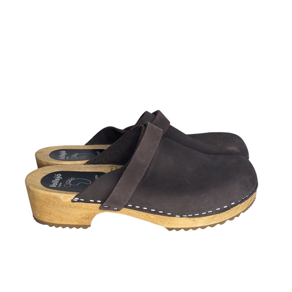 Vollsjo Original Swedish Clogs Brown Nubuck Leather Wooden Sole Wms EU40 US9.5
